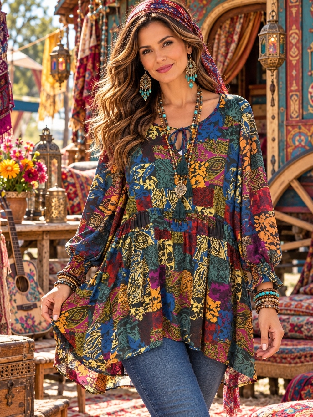 Cupio Women’s 1X Multicolor Boho Paisley Floral Tunic Top NWT